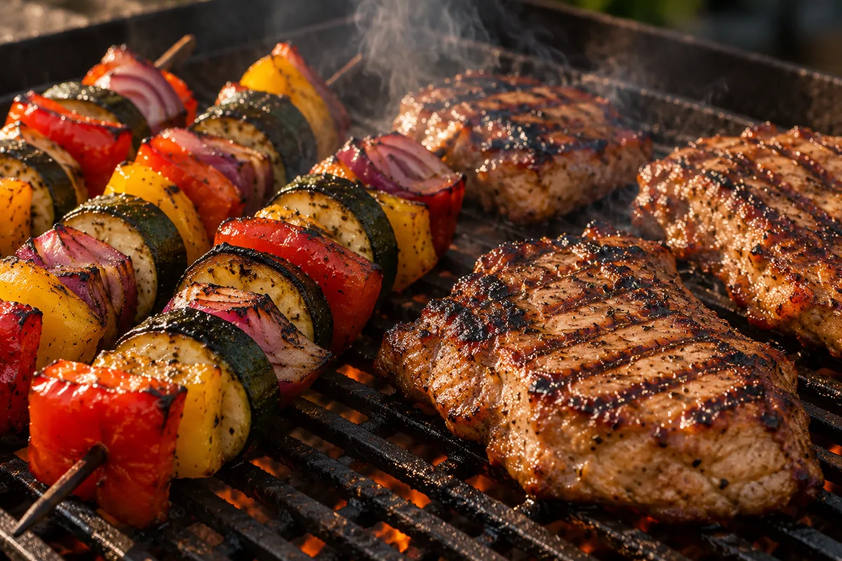 Brochettes de légumes et morceaux de viande sur une grille de barbecue fumante
