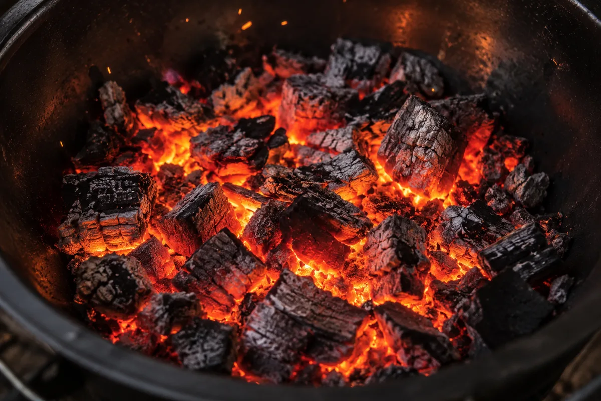 Braises de charbon de bois rougeoyantes au fond d’une cuve en acier