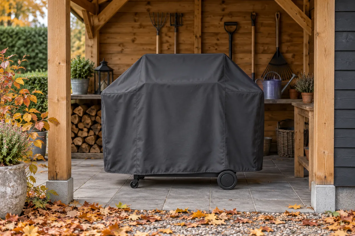 Barbecue nettoyé et couvert d’une housse unie sous un abri de jardin