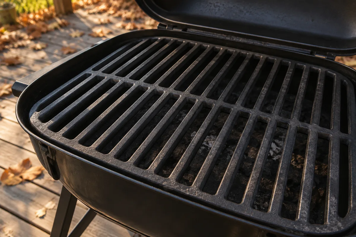 Grille en fonte épaisse d&rsquo;un barbecue à couvercle ouvert sur une terrasse d&rsquo;automne