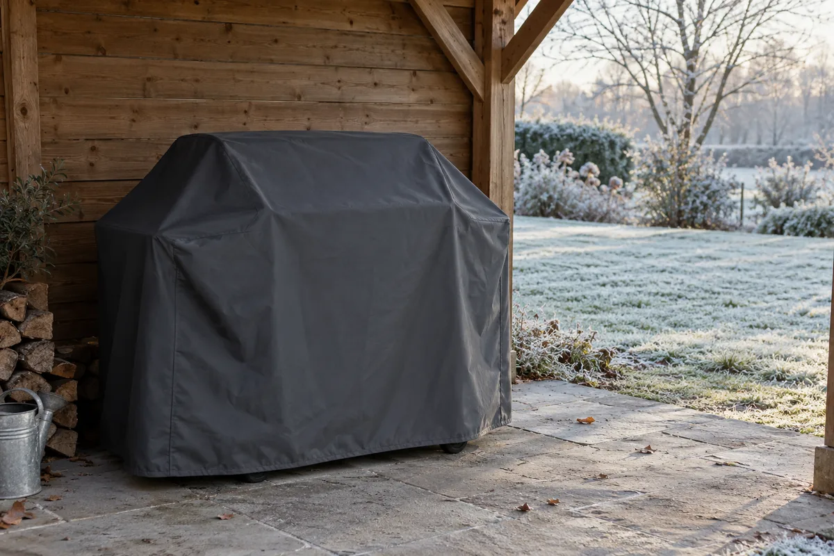 Barbecue sous une housse unie dans un abri de jardin en hiver