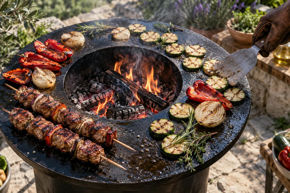 Légumes et brochettes saisis sur la couronne de cuisson d&rsquo;un brasero, foyer allumé au centre