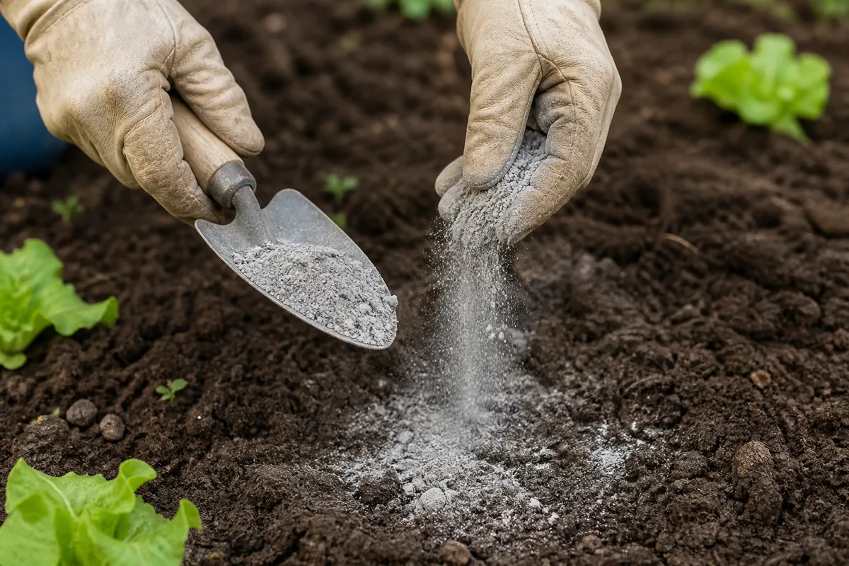 Mains gantées répandant une fine couche de cendre grise sur la terre d’un potager