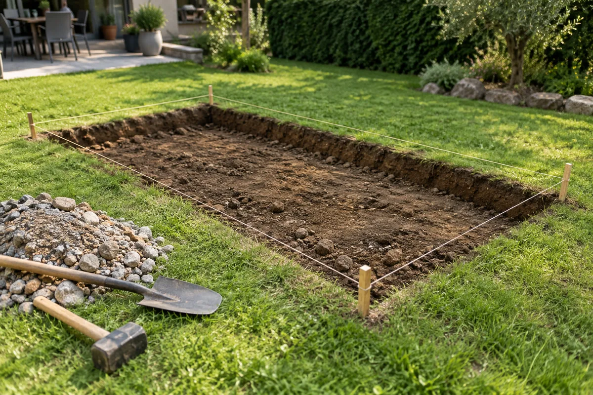 Emplacement délimité au cordeau dans un jardin pour l’implantation d’un barbecue en pierre