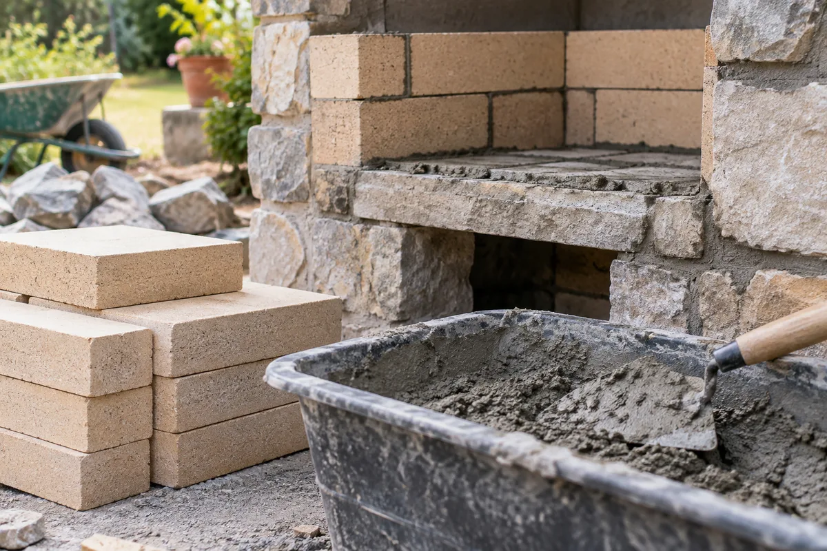 Briques réfractaires et mortier préparés au pied d’un foyer de barbecue en construction