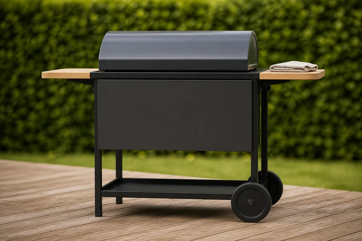 Barbecue à gaz sur chariot, tablettes latérales dépliées, vu de côté sur une terrasse en bois