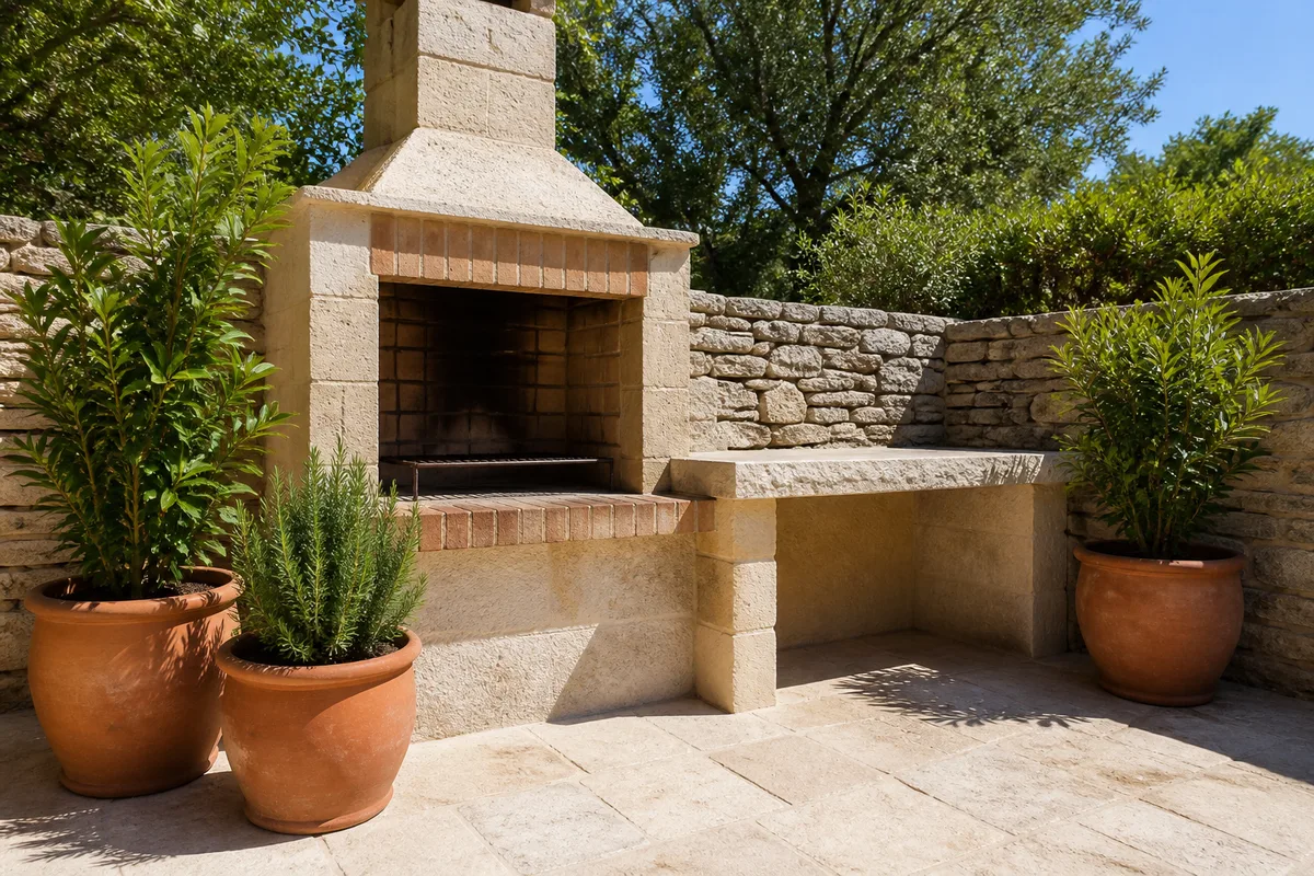Coin de terrasse en pierre claire avec un barbecue maçonné et des plantes en pots