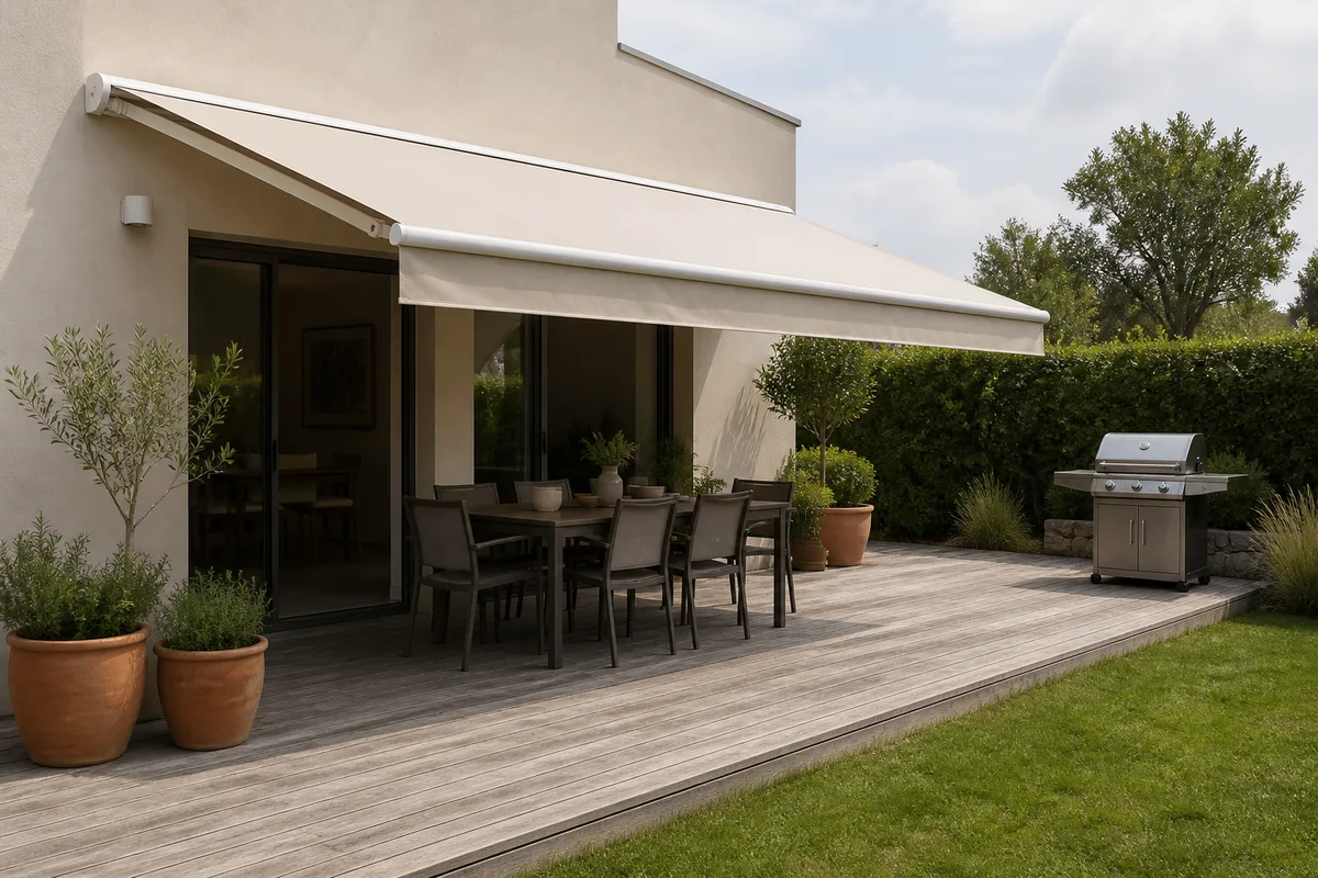 Terrasse en bois avec un store banne déployé et un barbecue installé en bout de toile