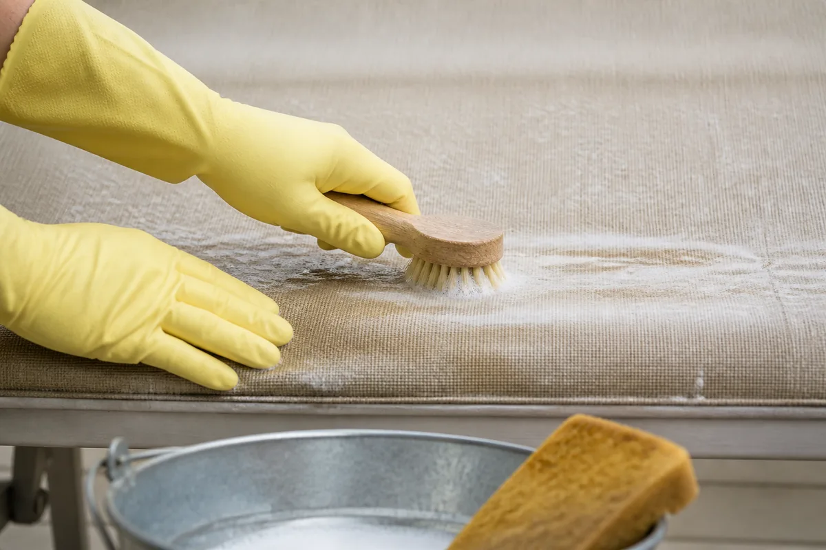 Mains gantées nettoyant une toile de store beige avec une brosse souple et de l&rsquo;eau savonneuse