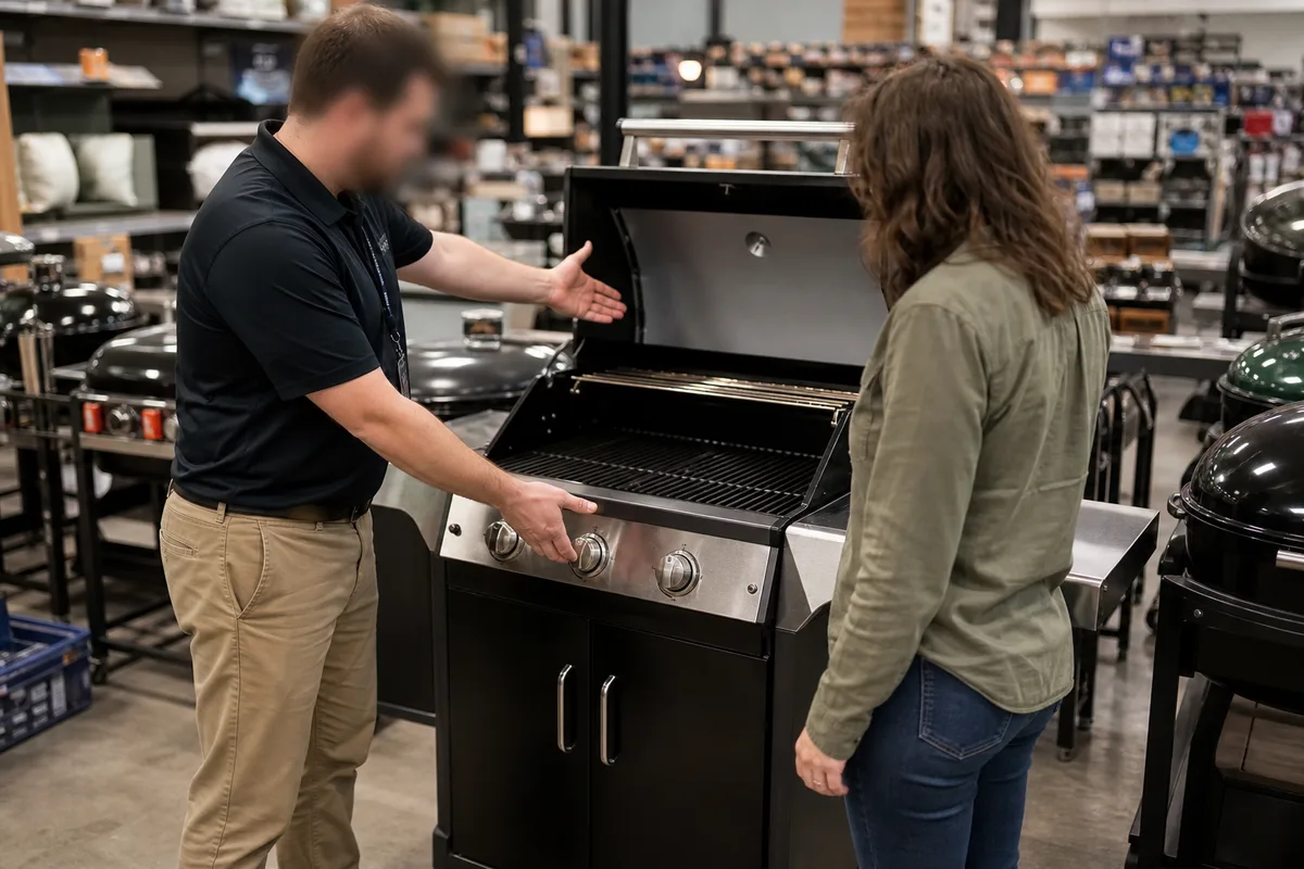 Vendeur conseillant un client devant un rayon de barbecues en magasin