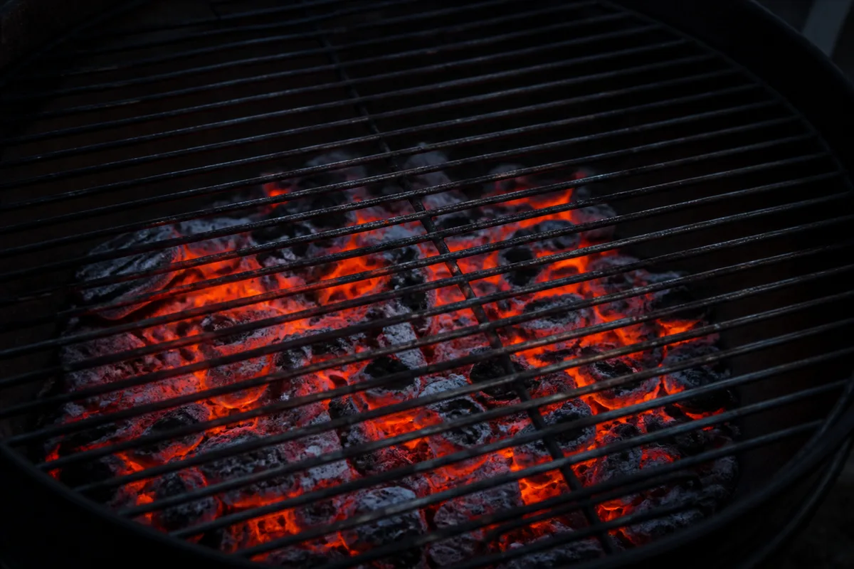 Braises rougeoyantes sous une grille de barbecue vide, gros plan