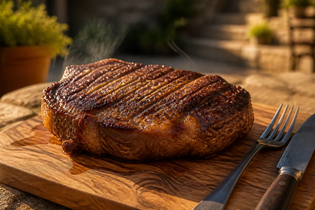 Pièce de bœuf saisie posée sur une planche en bois, lumière chaude