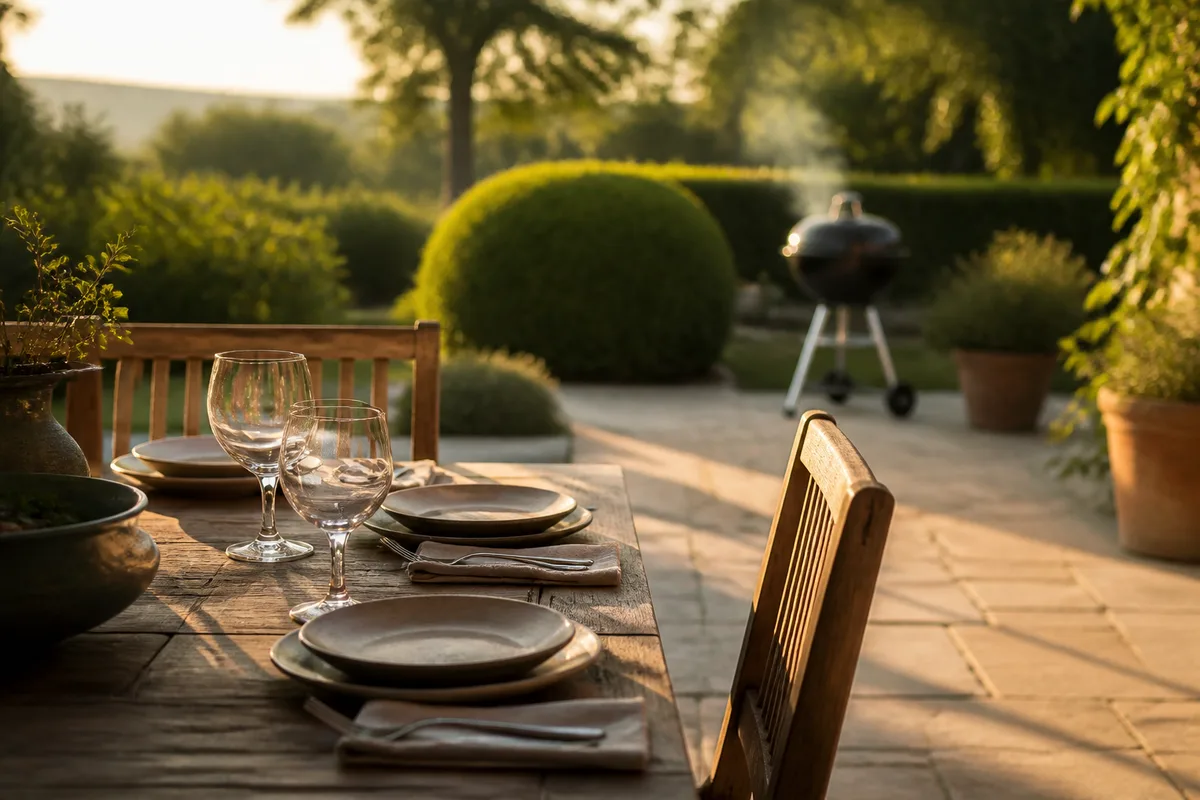 Terrasse de jardin française en fin de journée avec un barbecue en arrière-plan flou