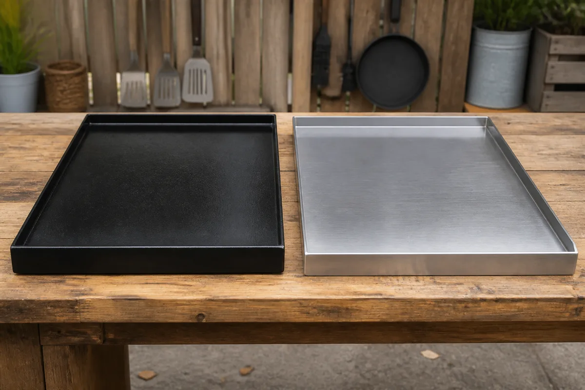 Comparaison visuelle d&rsquo;une plaque de plancha en fonte émaillée et d&rsquo;une plaque en inox massif