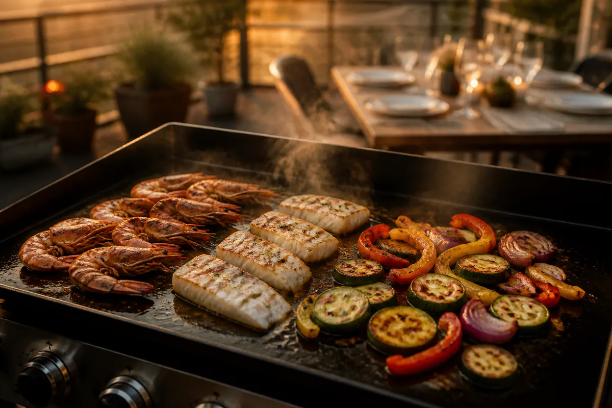 Plancha en service sur une terrasse avec légumes et poissons en cuisson