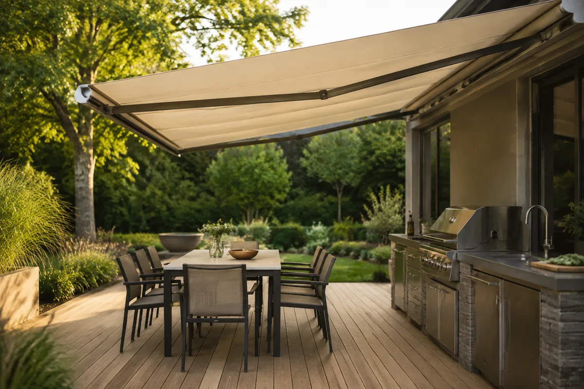 Store banne coffre gris anthracite déployé au-dessus d’une terrasse en bois avec cuisine d’été