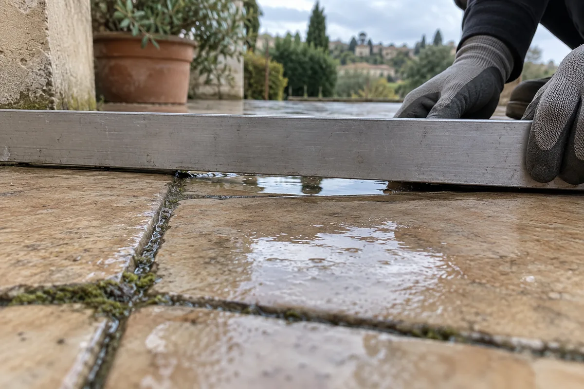 Terrasse ancienne en carrelage extérieur inspectée à la règle de maçon avant rénovation