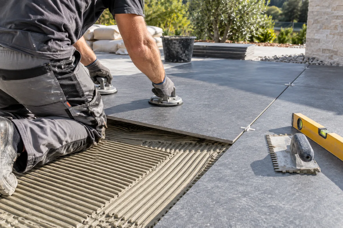 Pose collée de dalles en grès cérame grand format sur une terrasse extérieure en rénovation
