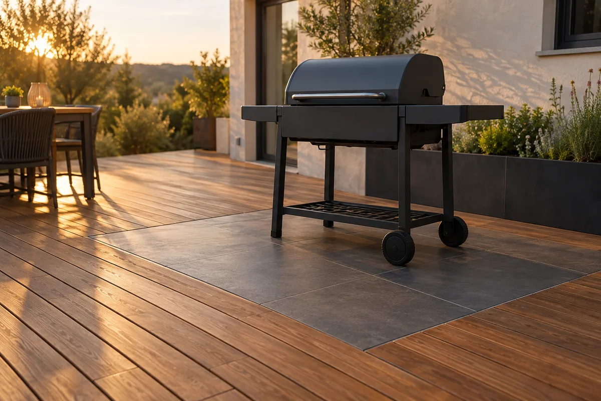 Îlot en carrelage intégré dans un platelage bois sous un barbecue à couvercle fermé