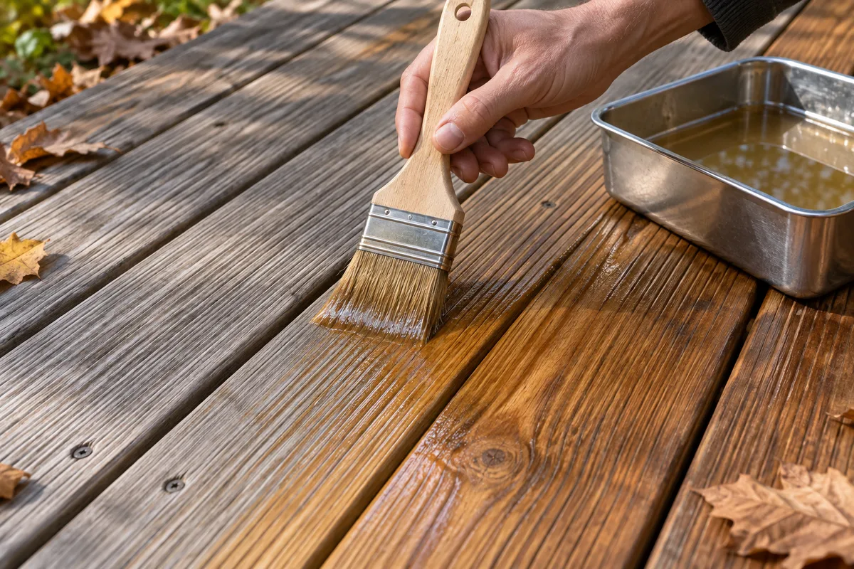 Application d&rsquo;un saturateur au pinceau sur les lames d&rsquo;une terrasse en bois rénovée