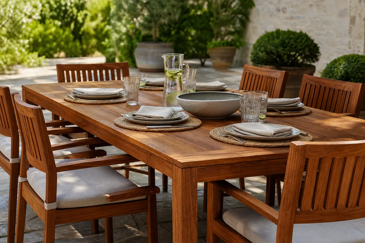 Table d&rsquo;extérieur en teck massif dressée pour un repas sur une terrasse ensoleillée