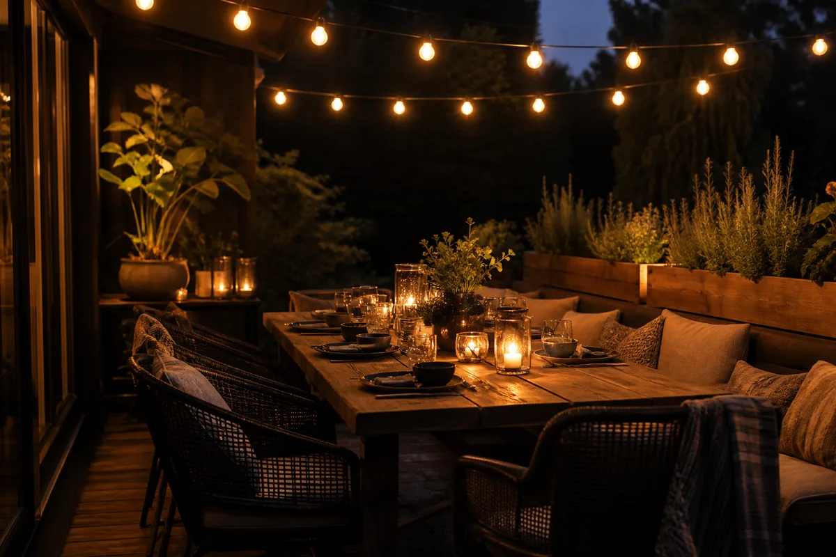Terrasse le soir avec table dressée et guirlandes lumineuses pour un dîner convivial