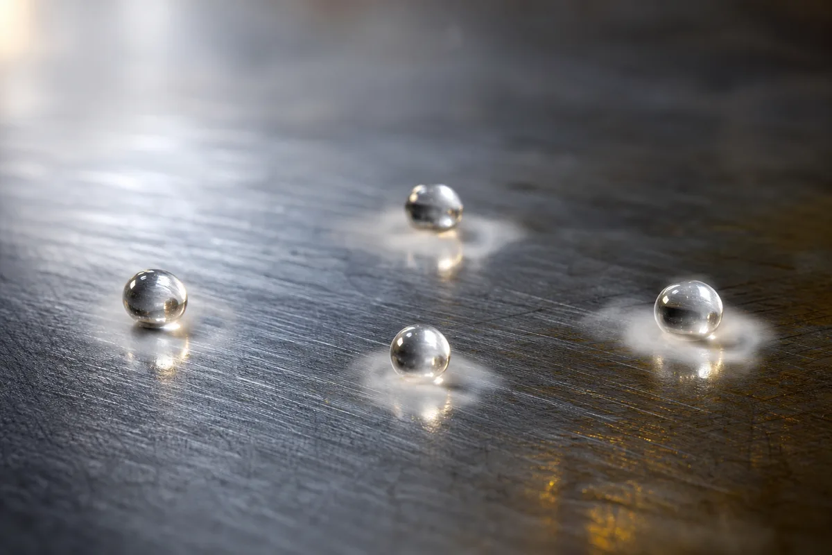 Gouttes d’eau en billes roulant sur une plaque de plancha brûlante