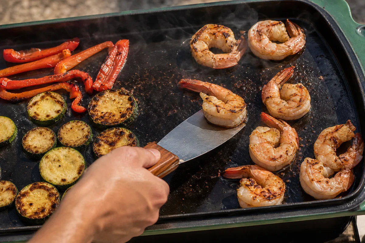 Gambas et rondelles de courgette saisies sur une plancha en inox fumante