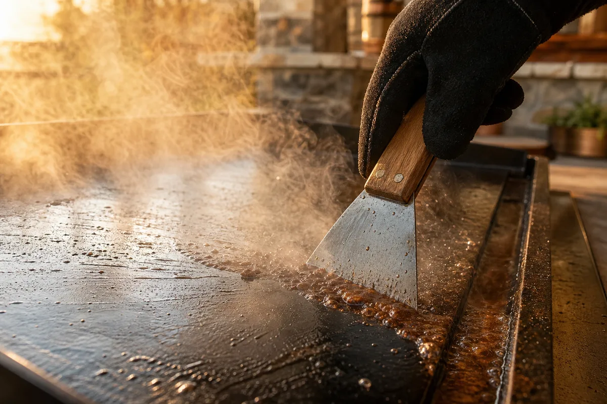 Plancha extérieure nettoyée à chaud avec un grattoir, vapeur de déglaçage